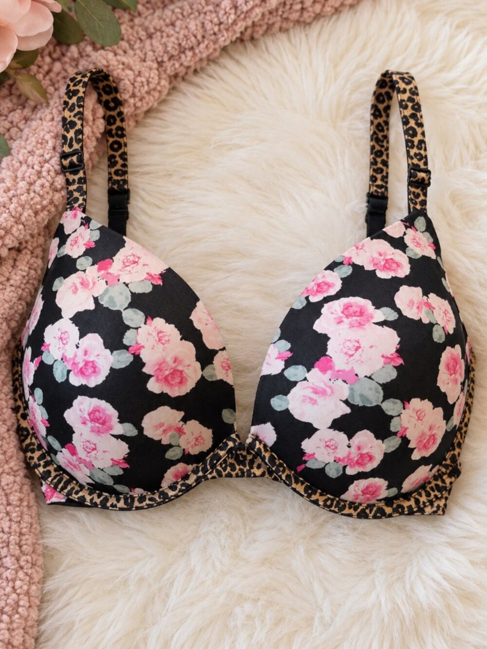 Victoria’s Secret Push Up Bra Floral Leopard Print Underwire 38D 139